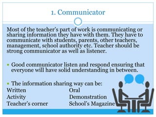 1. Communicator
Most of the teacher’s part of work is communicating or
sharing information they have with them. They have to
communicate with students, parents, other teachers,
management, school authority etc. Teacher should be
strong communicator as well as listener.
—  Good communicator listen and respond ensuring that
everyone will have solid understanding in between.
—  The information sharing way can be:
Written Oral
Activity Demonstration
Teacher’s corner School’s Magazine
 