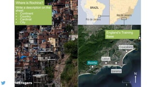 Where is Rochina?
N
England’s Training
Base
1
Write a description on the
sheet:
• Continent
• Country
• Cardinal
• City
@davidErogers
 