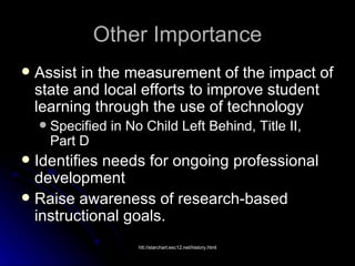 Other Importance Assist in the measurement of the impact of state and local efforts to improve student learning through the use of technology Specified in No Child Left Behind, Title II,  Part D Identifies needs for ongoing professional development Raise awareness of research-based instructional goals.  