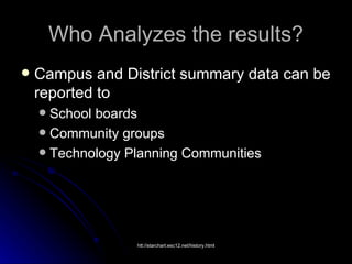 Who Analyzes the results? Campus and District summary data can be reported to  School boards Community groups Technology Planning Communities 