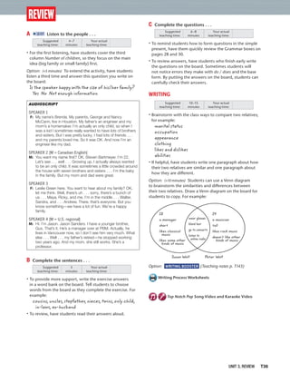 UNIT 3, REVIEW T36
A 2:17 Listen to the people . . .
Suggested
teaching time:
Your actual
teaching time:
4–7
minutes
• For the ﬁrst listening, have students cover the third
column Number of children, so they focus on the main
idea (big family or small family) ﬁrst.
Option: (+5 minutes) To extend the activity, have students
listen a third time and answer this question you write on
the board:
Is the speaker happy with the size of his/her family?
Yes No Not enough information
AUDIOSCRIPT
SPEAKER 1
F: My name’s Brenda. My parents, George and Nancy
McCann, live in Houston. My father’s an engineer and my
mom’s a homemaker. I’m actually an only child, so when I
was a kid I sometimes really wanted to have lots of brothers
and sisters. But I was pretty lucky. I had lots of friends . . .
and my parents loved me. So it was OK. And now I’m an
engineer like my dad.
SPEAKER 2 [M = Canadian English]
M: You want my name ﬁrst? OK. Steven Bartmeyer. I’m 22.
Let’s see . . . well . . . Growing up, I actually always wanted
to be an only child. It was sometimes a little crowded around
the house with seven brothers and sisters . . . I’m the baby
in the family. But my mom and dad were great.
SPEAKER 3
F: Leslie Green here. You want to hear about my family? OK,
let me think. Well, there’s uh . . . sorry, there’s a bunch of
us . . . Maya, Ricky, and me, I’m in the middle . . . Walter,
Sandra, and . . . Andrew. There, that’s everyone. But you
know something—we have a lot of fun. We’re a happy
family.
SPEAKER 4 [M = U.S. regional]
M: Hi. I’m Jason. Jason Sanders. I have a younger brother,
Gus. That’s it. He’s a manager over at PBM. Actually, he
lives in Vancouver now, so I don’t see him very much. What
else . . . Well . . . my father’s retired—he stopped working
two years ago. And my mom, she still works. She’s a
professor.
B Complete the sentences . . .
Suggested
teaching time:
Your actual
teaching time:
5
minutes
• To provide more support, write the exercise answers
in a word bank on the board. Tell students to choose
words from the board as they complete the exercise. For
example:
cousins, uncles, stepfather, nieces, twins, only child,
in-laws, ex-husband
• To review, have students read their answers aloud.
C Complete the questions . . .
Suggested
teaching time:
Your actual
teaching time:
6–8
minutes
• To remind students how to form questions in the simple
present, have them quickly review the Grammar boxes on
pages 28 and 30.
• To review answers, have students who ﬁnish early write
the questions on the board. Sometimes students will
not notice errors they make with do / does and the base
form. By putting the answers on the board, students can
carefully check their answers.
WRITING
Suggested
teaching time:
Your actual
teaching time:
10–15
minutes
• Brainstorm with the class ways to compare two relatives;
for example:
marital status
occupation
appearance
clothing
likes and dislikes
abilities
• If helpful, have students write one paragraph about how
their two relatives are similar and one paragraph about
how they are different.
Option: (+10 minutes) Students can use a Venn diagram
to brainstorm the similarities and differences between
their two relatives. Draw a Venn diagram on the board for
students to copy. For example:
28
a manager
short
likes classical
music
likes some other
kinds of music
24
a musician
tall
likes rock music
doesn’t like other
kinds of music
Susan Wolf Peter Wolf
wear glasses
blond hair
go to concerts
listen to
online radio
Option: WRITING BOOSTER (Teaching notes p. T143)
Writing Process Worksheets
Top Notch Pop Song Video and Karaoke Video
review
 