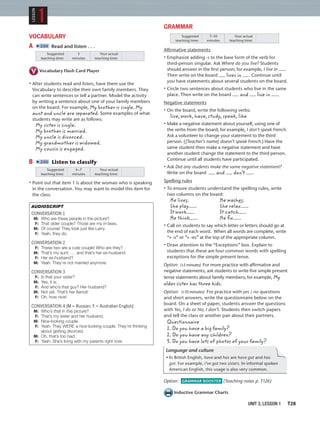 UNIT 3, LESSON 1 T28
GRAMMAR
Suggested
teaching time:
Your actual
teaching time:
7–10
minutes
Affirmative statements
• Emphasize adding -s to the base form of the verb for
third-person singular. Ask Where do you live? Students
should answer in the ﬁrst person; for example, I live in .
Then write on the board lives in . Continue until
you have statements about several students on the board.
• Circle two sentences about students who live in the same
place. Then write on the board and live in .
Negative statements
• On the board, write the following verbs:
live, work, have, study, speak, like
• Make a negative statement about yourself, using one of
the verbs from the board; for example, I don’t speak French.
Ask a volunteer to change your statement to the third
person. ([Teacher’s name] doesn’t speak French.) Have the
same student then make a negative statement and have
another student change the statement to the third person.
Continue until all students have participated.
• Ask Did any students make the same negative statement?
Write on the board and don’t .
Spelling rules
• To ensure students understand the spelling rules, write
two columns on the board:
He lives. He washes.
She play . She relax .
It work . It catch .
He think . He fix .
• Call on students to say which letter or letters should go at
the end of each word. When all words are complete, write
“+ -s” or “+ -es” at the top of the appropriate column.
• Draw attention to the “Exceptions” box. Explain to
students that these are four common words with spelling
exceptions for the simple present tense.
Option: (+5 minutes) For more practice with affirmative and
negative statements, ask students to write ﬁve simple present
tense statements about family members; for example, My
older sister has three kids.
Option: (+10 minutes) For practice with yes / no questions
and short answers, write the questionnaire below on the
board. On a sheet of paper, students answer the questions
with Yes, I do or No, I don’t. Students then switch papers
and tell the class or another pair about their partners.
Questionnaire
1. Do you have a big family?
2. Do you have any children?
3. Do you have lots of photos of your family?
Language and culture
• In British English, have and has are have got and has
got. For example, I’ve got two sisters. In informal spoken
American English, this usage is also very common.
Option: GRAMMAR BOOSTER (Teaching notes p. T126)
Inductive Grammar Charts
VOCABULARY
A 2:04 Read and listen . . .
Suggested
teaching time:
Your actual
teaching time:
3
minutes
Vocabulary Flash Card Player
• After students read and listen, have them use the
Vocabulary to describe their own family members. They
can write sentences or tell a partner. Model the activity
by writing a sentence about one of your family members
on the board. For example, My brother is single. My
aunt and uncle are separated. Some examples of what
students may write are as follows:
My sister is single.
My brother is married.
My uncle is divorced.
My grandmother is widowed.
My cousin is engaged.
B 2:05 Listen to classify
Suggested
teaching time:
Your actual
teaching time:
4–7
minutes
• Point out that item 1 is about the woman who is speaking
in the conversation. You may want to model this item for
the class.
AUDIOSCRIPT
CONVERSATION 1
M: Who are these people in the picture?
F: That older couple? Those are my in-laws.
M: Of course! They look just like Larry.
F: Yeah, they do.
CONVERSATION 2
F: These two are a cute couple! Who are they?
M: That’s my aunt . . . and that’s her ex-husband.
F: Her ex-husband?
M: Yeah. They’re not married anymore.
CONVERSATION 3
F: Is that your sister?
M: Yes, it is.
F: And who’s that guy? Her husband?
M: Not yet. That’s her ﬁancé!
F: Oh, how nice!
CONVERSATION 4 [M = Russian; F = Australian English]
M: Who’s that in this picture?
F: That’s my sister and her husband.
M: Nice-looking couple.
F: Yeah. They WERE a nice-looking couple. They’re thinking
about getting divorced.
M: Oh, that’s too bad.
F: Yeah. She’s living with my parents right now.
1
LESSON
 