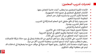 ‫المعلمي‬ ‫تدريب‬ ‫تحديات‬
:
3 ‫األعمال‬ ‫ات‬‫ر‬‫الستشا‬ ‫ايم‬‫ر‬‫ب‬ ‫كة‬ ‫ر‬
‫لش‬ ‫الفكرية‬ ‫الملكية‬ ‫حقوق‬
▪
‫معها‬ ‫للتعامل‬ ‫خاصة‬ ‫آليات‬ ‫يتطلب‬ ‫مما‬ ‫للمعلمي‬ ‫ة‬‫الكبب‬ ‫األعداد‬
.
▪
‫الجمهورية‬ ‫انحاء‬ ‫جميع‬ ‫ي‬
‫ف‬ ‫للمعلمي‬ ‫ي‬
‫اف‬‫ر‬‫الجغ‬ ‫االنتشار‬
.
▪
‫المعلم‬ ‫عمر‬ ‫طوال‬ ‫اره‬‫ر‬‫واستم‬ ‫التدريب‬‫ار‬‫ر‬‫لتك‬ ‫الحاجة‬
.
▪
‫المقاومة‬
‫للتغيب‬ ‫الشديدة‬
.
▪
‫التدريب‬ ‫ي‬
‫ف‬ ‫كة‬
‫للمشار‬ ‫المعلم‬ ‫لدي‬ ‫ي‬
‫ر‬
‫حقيق‬ ‫دافع‬ ‫أو‬ ‫رغبة‬ ‫وجود‬ ‫عدم‬
.
▪
‫بجدية‬ ‫للتدريب‬ ‫النظر‬ ‫عدم‬
.
▪
‫اض‬ ‫ر‬
‫واالعب‬ ‫الدائمة‬ ‫الشكوى‬
.
▪
‫نتيجة‬ ‫تحميل‬ ‫محاولة‬
‫عدم‬
‫جودة‬
‫االدا‬
‫ء‬
‫األخرين‬ ‫ي‬
‫عل‬
.
▪
‫عدم‬
‫وجود‬
‫آليات‬
‫للمتابعة‬
‫وتقييم‬
‫التطور‬
‫ي‬
‫ف‬
‫امج‬ ‫ر‬
‫الب‬
‫التدريبية‬
.
▪
‫األداء‬ ‫ي‬
‫عل‬ ‫التدريب‬ ‫أثر‬ ‫من‬ ‫للتحقق‬ ‫آليات‬ ‫وجود‬ ‫عدم‬
.
▪
‫ح‬ ‫سوء‬ ‫ي‬
‫ف‬ ‫يتمثل‬ ‫االستفادة‬ ‫من‬ ‫اغبي‬‫ر‬‫ال‬‫لغب‬ ‫سببا‬ ‫يوفر‬ ‫نت‬ ‫ر‬
‫االنب‬ ‫ي‬
‫عل‬ ‫التدريب‬ ‫اعتماد‬
‫االتصاالت‬ ‫شبكة‬ ‫الة‬
,
‫مرة‬ ‫من‬ ‫ر‬
‫أكب‬ ‫التدريب‬ ‫بمعاودة‬ ‫للمتدرب‬ ‫تسمح‬ ‫آليات‬ ‫وجود‬ ‫يتطلب‬ ‫ما‬ ‫وهو‬
.
▪
‫الشكوى‬ ‫ر‬
‫لنش‬ ‫متعددة‬ ‫قنوات‬ ‫وجود‬
,
‫ت‬ ‫ي‬
‫إل‬ ‫يضطرها‬ ‫مما‬ ‫حرج‬ ‫موقف‬ ‫ي‬
‫ف‬ ‫المسئولة‬ ‫الجهة‬ ‫يضع‬
‫قد‬ ‫دخالت‬
‫الشكوى‬ ‫لوقف‬ ‫منطقية‬ ‫غب‬ ‫تبدو‬
.
 