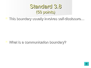  This boundary usually involves self-disclosure…This boundary usually involves self-disclosure…
 What is a communication boundary?What is a communication boundary?
Standard 3.8Standard 3.8
(50 points)(50 points)
 
