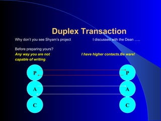 Duplex Transaction Why don’t you see Shyam’s project  I discussed with the Dean …..  Before preparing yours?  Any way you are not    I have higher contacts.Be ware! capable of writing .  P A C P A C 