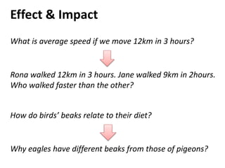 What is average speed if we move 12km in 3 hours?
Rona walked 12km in 3 hours. Jane walked 9km in 2hours.
Who walked faster than the other?
How do birds’ beaks relate to their diet?
Why eagles have different beaks from those of pigeons?
Effect & Impact
 