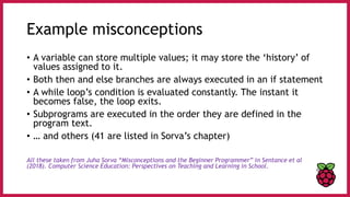 Example misconceptions
• A variable can store multiple values; it may store the ‘history’ of
values assigned to it.
• Both then and else branches are always executed in an if statement
• A while loop’s condition is evaluated constantly. The instant it
becomes false, the loop exits.
• Subprograms are executed in the order they are defined in the
program text.
• … and others (41 are listed in Sorva’s chapter)
All these taken from Juha Sorva “Misconceptions and the Beginner Programmer” in Sentance et al
(2018). Computer Science Education: Perspectives on Teaching and Learning in School.
 
