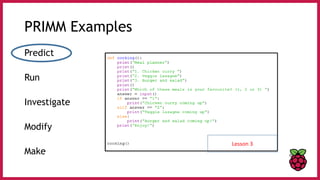 PRIMM Examples
Predict
Run
Investigate
Modify
Make
Lesson 3
 