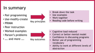 In summary
• Pair programming
• Use-modify-create
• PRIMM
• Peer instruction
• Worked examples
• Parson’s problems
• …. and more ….
Key principles
• Break down the task
• Use examples
• Work together
• Reading code before writing
Key outcomes
• Cognitive load reduced
• Correct or better mental model
• Confidence in discussing programs
• Better use of programming
vocabulary
• Ability to work at different levels of
abstraction
 