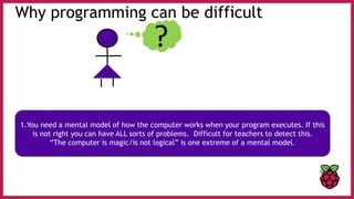 Why programming can be difficult
?
1.You need a mental model of how the computer works when your program executes. If this
is not right you can have ALL sorts of problems. Difficult for teachers to detect this.
“The computer is magic/is not logical” is one extreme of a mental model.
 