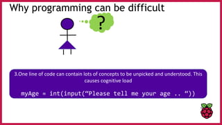 Why programming can be difficult
?
3.One line of code can contain lots of concepts to be unpicked and understood. This
causes cognitive load
myAge = int(input(“Please tell me your age .. “))
 