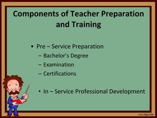 Components of Teacher Preparation and Training Pre – Service Preparation Bachelor’s Degree Examination Certifications In – Service Professional Development 