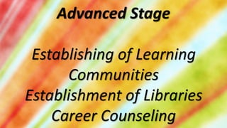 Advanced Stage

 Establishing of Learning
      Communities
Establishment of Libraries
    Career Counseling
 