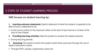 3 STEPS OF STUDENT LEARNING PROCESS
OBE focuses on student learning by:
1. Learning outcome statements: Explicit statement of what the student is expected to be
able to know, understand or do.
 In the Course outline, In the classroom either at the start of each lecture or at least at the
start of new chapter
2. Providing learning activities: Help the student to achieve the stated outcomes
 During lecturing periods.
3. Assessing: The extent to which the student meets these outcomes through the use of
explicit assessment criteria.
 Through OHTs, quizzes, assignments, exams etc.
 