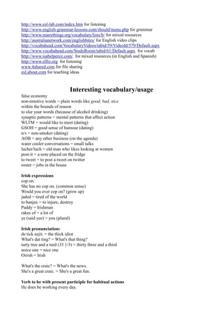 http://www.esl-lab.com/index.htm for listening
http://www.english-grammar-lessons.com/should/menu.php for grammar
http://www.manythings.org/vocabulary/lists/b/ for mixed resources
http://australianetwork.com/englishbites/ for English video clips
http://vocabahead.com/VocabularyVideos/tabid/59/VideoId/579/Default.aspx
http://www.vocabahead.com/StudyRoom/tabid/61/Default.aspx for vocab
http://www.isabelperez.com/ for mixed resources (in English and Spanish)
http://www.elllo.org for listening
www.4shared.com for file sharing
esl.about.com for teaching ideas



                             Interesting vocabulary/usage
false economy
non-emotive words = plain words like good, bad, nice
within the bounds of reason
to slur your words (because of alcohol drinking)
synaptic patterns = mental patterns that affect action
WLTM = would like to meet (dating)
GSOH = good sense of humour (dating)
n/s = non-smoker (dating)
AOB = any other business (on the agenda)
water cooler conversations = small talks
lucher/luch = old man who likes looking at women
post-it = a note placed on the fridge
to tweet = to post a tweet on twitter
roster = jobs in the house

Irish expressions
cop on:
She has no cop on. (common sense)
Would you ever cop on? (grow up)
jaded = tired of the world
to banjax = to injure, destroy
Paddy = Irishman
rakes of = a lot of
ye (said yee) = you (plural)

Irish pronunciation:
de tick eejit. = the thick idiot
What's dat ting? = What's that thing?
turty tree and a turd (33 1/3) = thirty three and a third
noice one = nice one
Oirish = Irish

What's the craic? = What's the news.
She's a great craic. = She's a great fun.

Verb to be with present participle for habitual actions
He does be working every day.
 
