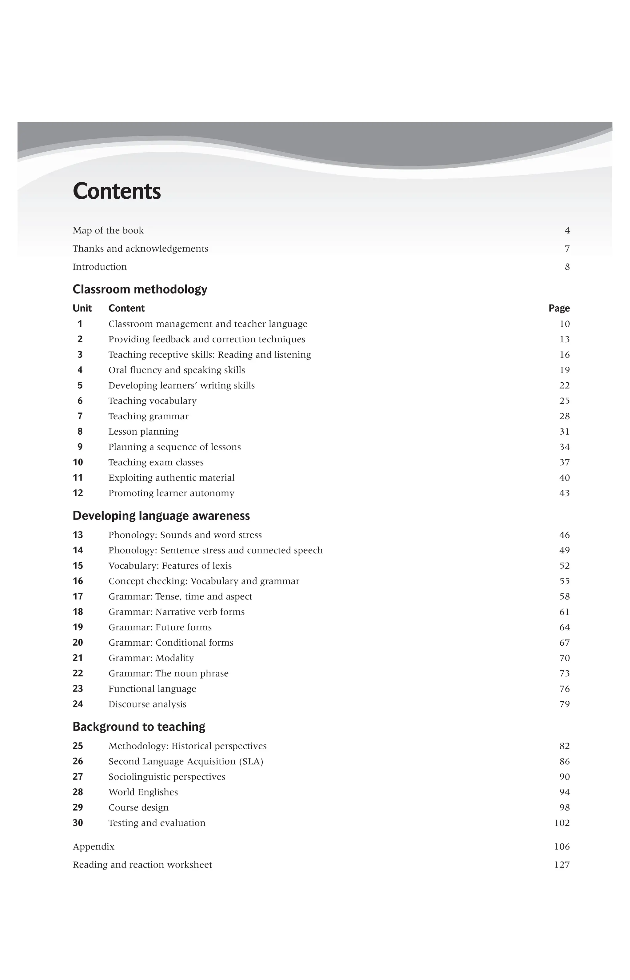 Contents
Map of the book 4
Thanks and acknowledgements 7
Introduction 8
Classroom methodology
Unit Content Page
1 Classroom management and teacher language 10
2 Providing feedback and correction techniques 13
3 Teaching receptive skills: Reading and listening 16
4 Oral ﬂuency and speaking skills 19
5 Developing learners’ writing skills 22
6 Teaching vocabulary 25
7 Teaching grammar 28
8 Lesson planning 31
9 Planning a sequence of lessons 34
10 Teaching exam classes 37
11 Exploiting authentic material 40
12 Promoting learner autonomy 43
Developing language awareness
13 Phonology: Sounds and word stress 46
14 Phonology: Sentence stress and connected speech 49
15 Vocabulary: Features of lexis 52
16 Concept checking: Vocabulary and grammar 55
17 Grammar: Tense, time and aspect 58
18 Grammar: Narrative verb forms 61
19 Grammar: Future forms 64
20 Grammar: Conditional forms 67
21 Grammar: Modality 70
22 Grammar: The noun phrase 73
23 Functional language 76
24 Discourse analysis 79
Background to teaching
25 Methodology: Historical perspectives 82
26 Second Language Acquisition (SLA) 86
27 Sociolinguistic perspectives 90
28 World Englishes 94
29 Course design 98
30 Testing and evaluation 102
Appendix 106
Reading and reaction worksheet 127
 