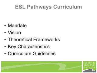 ESL Pathways Curriculum
• Mandate
• Vision
• Theoretical Frameworks
• Key Characteristics
• Curriculum Guidelines
 