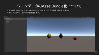 シーンデータのAssetBundle化について
130
アセットバンドルはオブジェクトだけでなくシーンごとアセットバンドル化できます。
＊サンプルシーン Secondを作成します。
 