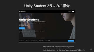 Unity Studentプランのご紹介
https://store.unity.com/ja/academic/unity-student
Unity Student には、5 シートの Unity Teams Advanced が付属します。
160
 