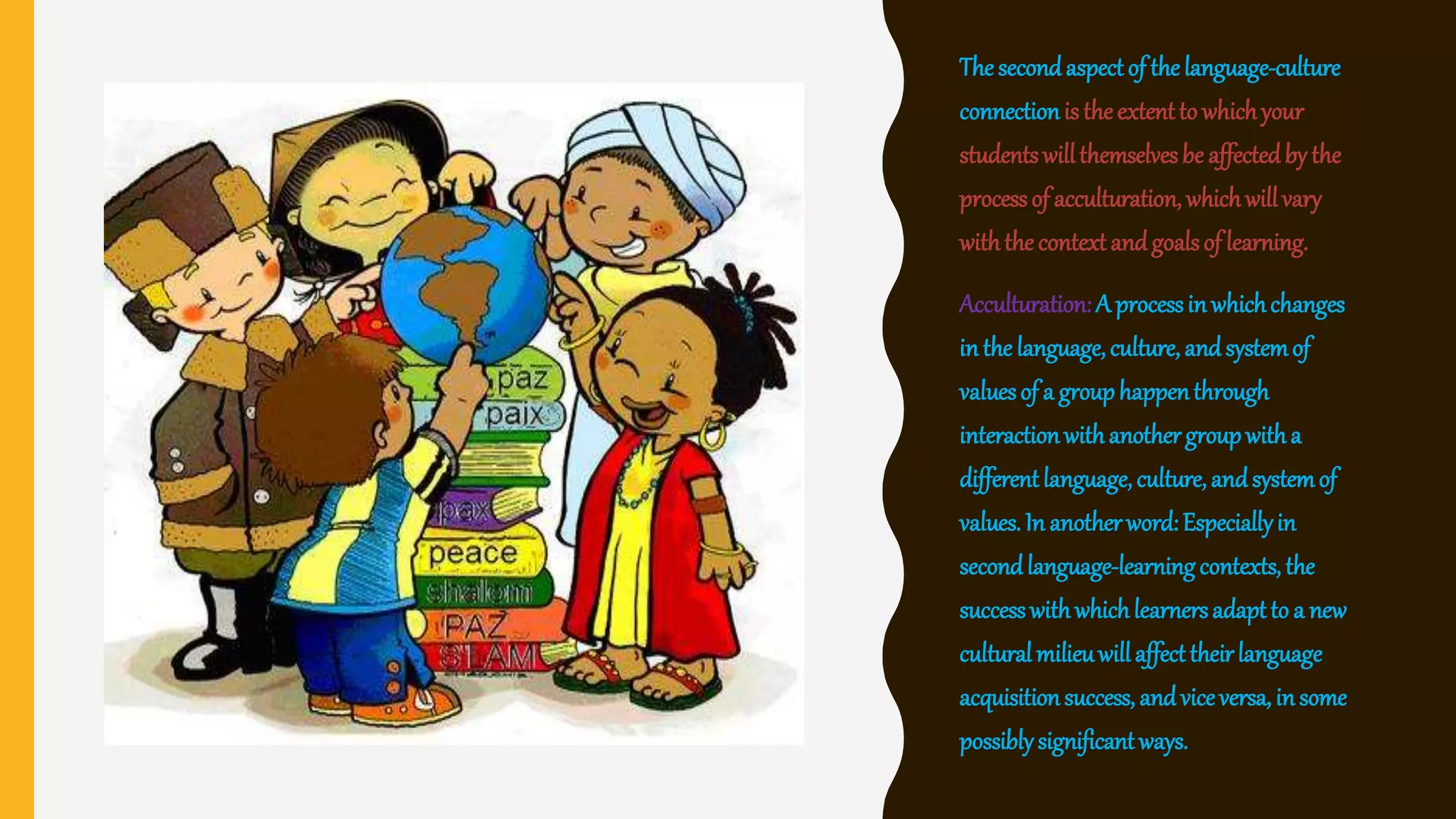 Thesecondaspectof thelanguage-culture
connectionistheextentto whichyour
studentswillthemselvesbe affectedbythe
processof acculturation,whichwillvary
withthecontextandgoalsof learning.
Acculturation:A processinwhichchanges
inthe language,culture, andsystemof
valuesof a grouphappenthrough
interactionwithanothergroupwitha
differentlanguage,culture,andsystemof
values.In anotherword:Especiallyin
secondlanguage-learningcontexts, the
successwithwhichlearnersadaptto a new
culturalmilieuwillaffecttheirlanguage
acquisitionsuccess, andviceversa, insome
possiblysignificantways.
 