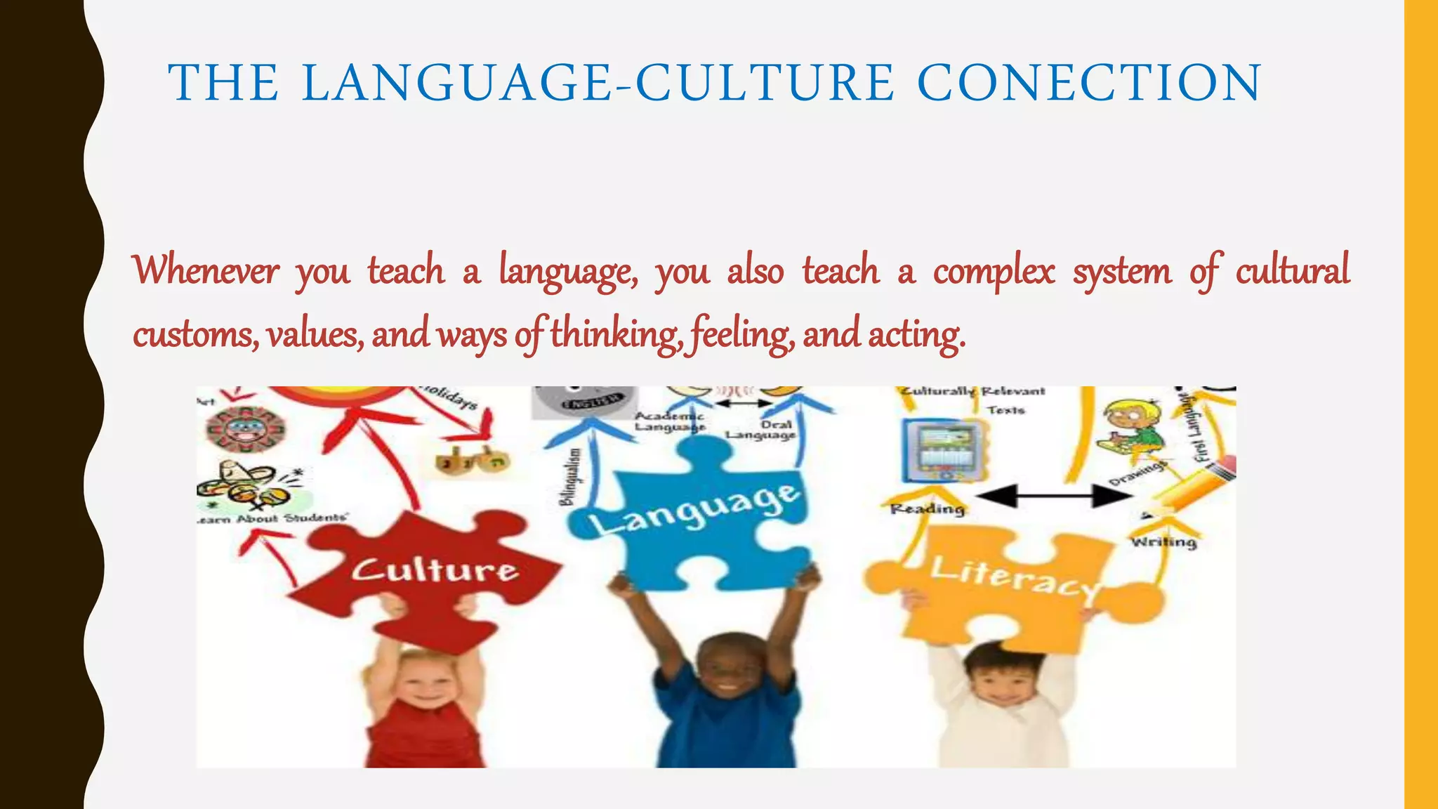 THE LANGUAGE-CULTURE CONECTION
Whenever you teach a language, you also teach a complex system of cultural
customs, values, and ways of thinking, feeling, and acting.
 