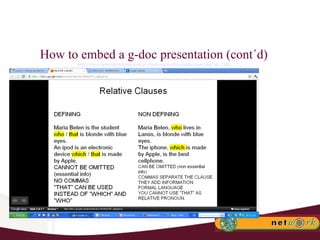 How to embed a g-doc presentation (cont´d) http://www.networkinstitute.com.ar/elearning/mod/resource/view.php?id=3546 