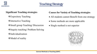 Teaching Strategy
Significant Teaching strategies
Expository Teaching
Interactive Teaching
Small group Teaching/ Discussion
Inquiry teaching/ Problem Solving
Individualization
Model of reality
Causes for Variety of Teaching strategies
• All students cannot Benefit from one strategy
• Some methods are more applicable
• Single method is not superior
General Methods of Teaching (GMT)
 