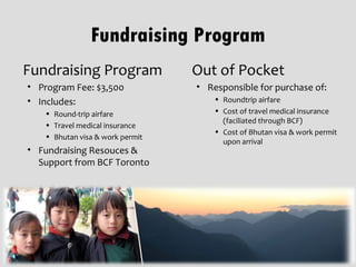 Fundraising Program
Fundraising Program              Out of Pocket
• Program Fee: $3,500            • Responsible for purchase of:
• Includes:                          • Roundtrip airfare
   • Round-trip airfare              • Cost of travel medical insurance
                                       (faciliated through BCF)
   • Travel medical insurance
                                     • Cost of Bhutan visa & work permit
   • Bhutan visa & work permit
                                       upon arrival
• Fundraising Resouces &
  Support from BCF Toronto
 