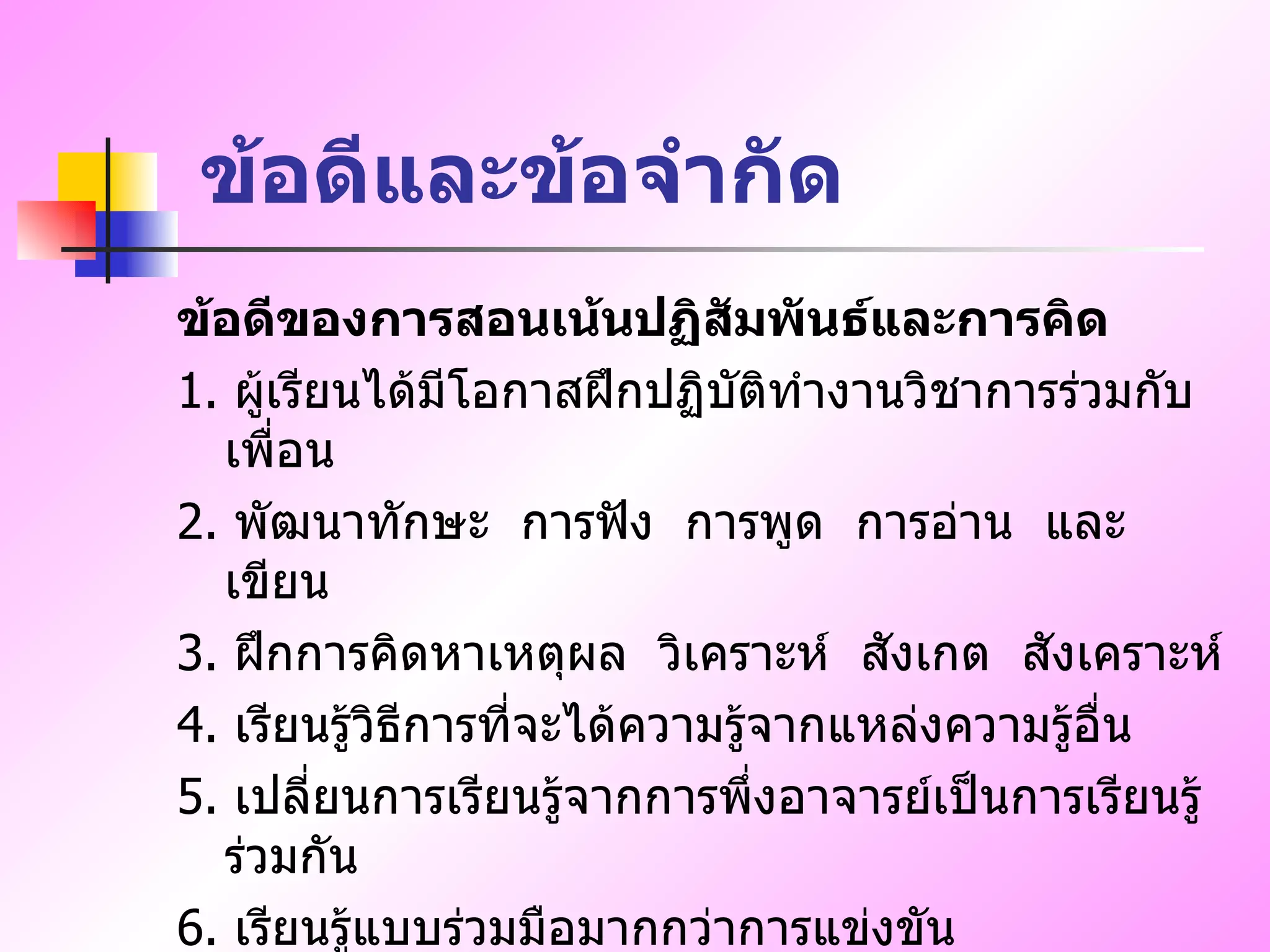 ข้อดีและข้อจำกัด ข้อดีของการสอนเน้นปฏิสัมพันธ์และการคิด 1.  ผู้เรียนได้มีโอกาสฝึกปฏิบัติทำงานวิชาการร่วมกับเพื่อน 2.  พัฒนาทักษะ  การฟัง  การพูด  การอ่าน  และเขียน 3.  ฝึกการคิดหาเหตุผล  วิเคราะห์  สังเกต  สังเคราะห์ 4.  เรียนรู้วิธีการที่จะได้ความรู้จากแหล่งความรู้อื่น 5.  เปลี่ยนการเรียนรู้จากการพึ่งอาจารย์เป็นการเรียนรู้ร่วมกัน 6.  เรียนรู้แบบร่วมมือมากกว่าการแข่งขัน 7.  พัฒนาความรับผิดชอบ 