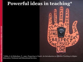Powerful ideas in teaching*
http://www.flickr.com/photos/49503002139@N01/1435314340




                                                          * Gibbs, G. & Habeshaw, T., 1992. Preparing to Teach: An Introduction to Effective Teaching in Higher
                                                          Education, Technical and Educational Services.
 