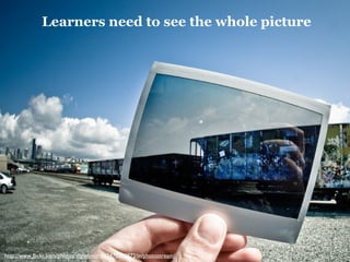 Learners need to see the whole picture




http://www.flickr.com/photos/slightlynorth/3470300872/in/photostream/
                                                                        5
 