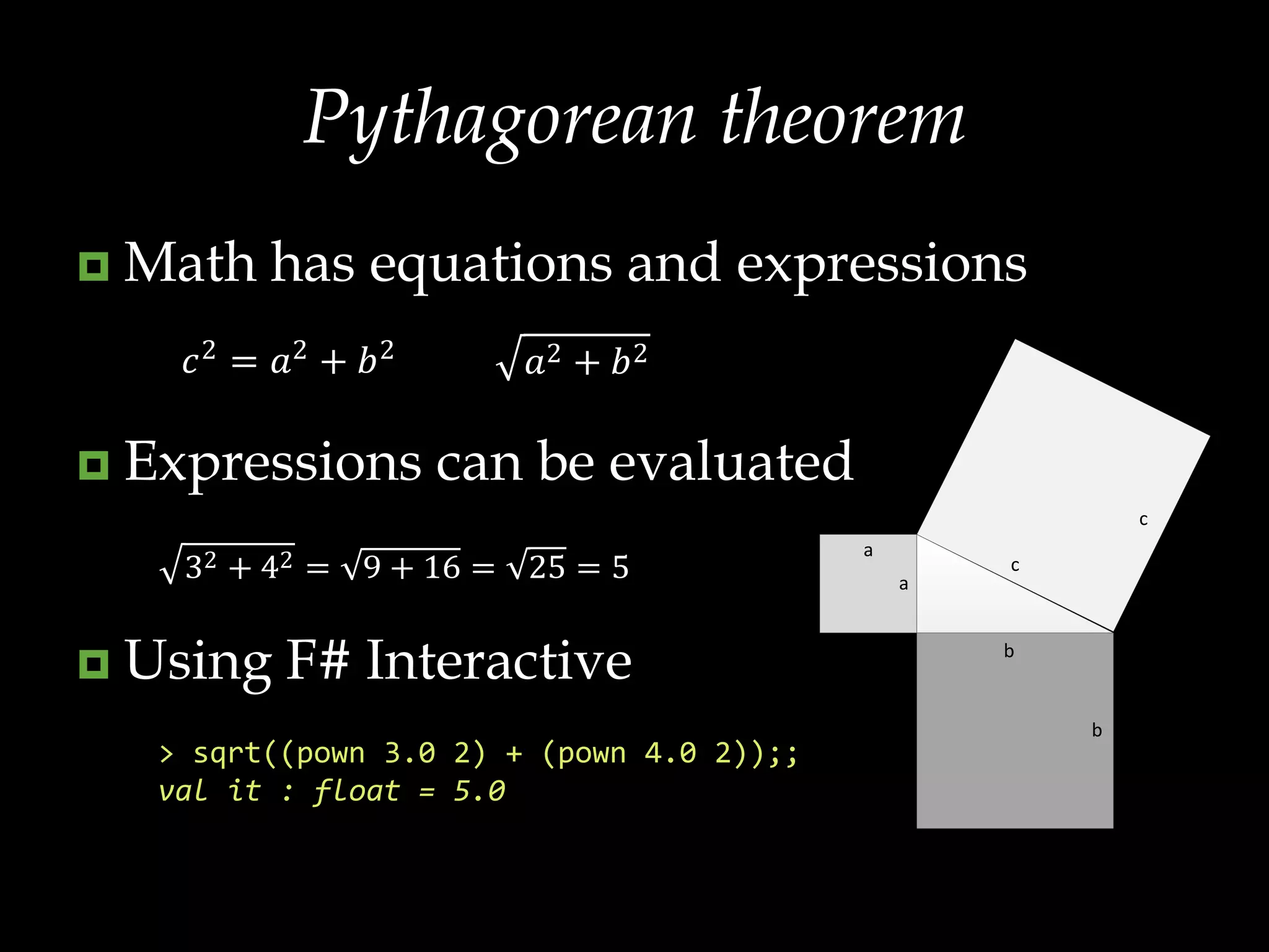 Pythagorean theoremMath has equations and expressionsExpressions can be evaluatedUsing F# Interactive> sqrt((pown 3.0 2) + (pown 4.0 2));;val it : float = 5.0