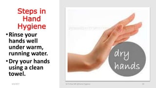 Steps in
Hand
Hygiene
•Rinse your
hands well
under warm,
running water.
•Dry your hands
using a clean
towel.
6/4/2017 Dr.T.V.Rao MD @Hamd Hygiene 20
 