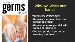 Why we Wash our
hands
•Germs are everywhere.
•Germs are so small that you
cannot see them.
•Germs can make you sick with
spread of infections
•You can get rid of germs by
washing your hands.
6/4/2017 Dr.T.V.Rao MD @Hamd Hygiene 7
 