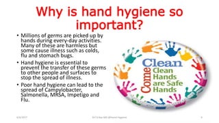 Why is hand hygiene so
important?
• Millions of germs are picked up by
hands during every-day activities.
Many of these are harmless but
some cause illness such as colds,
flu and stomach bugs.
• Hand hygiene is essential to
prevent the transfer of these germs
to other people and surfaces to
stop the spread of illness.
• Poor hand hygiene can lead to the
spread of Campylobacter,
Salmonella, MRSA, Impetigo and
Flu.
6/4/2017 Dr.T.V.Rao MD @Hamd Hygiene 9
 