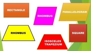 RECTANGLE
RHOMBUS
SQUARE
PARALLELOGRAM
RHOMBUS
ISOSCELES
TRAPEZIUM
 