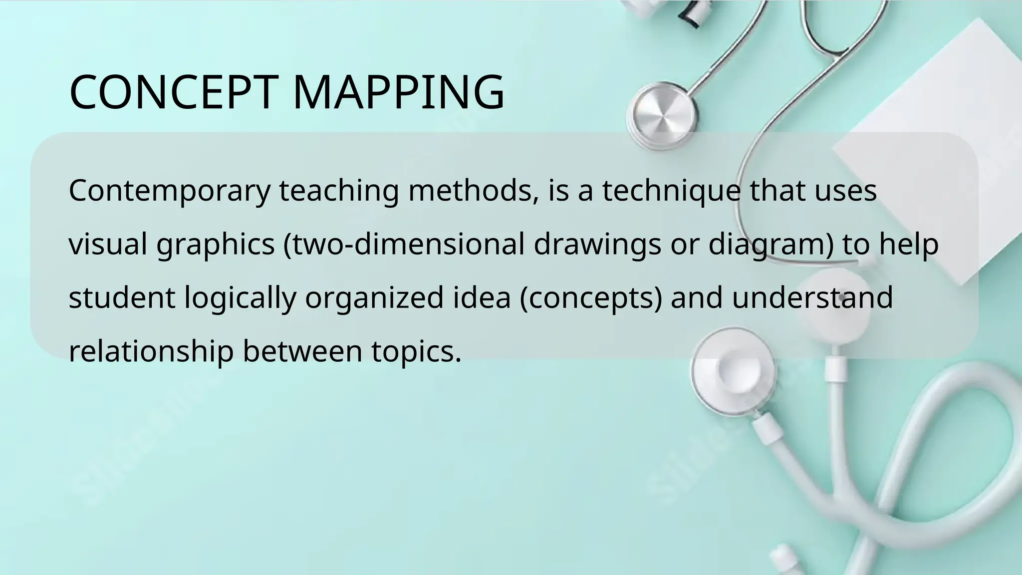 Contemporary teaching methods, is a technique that uses
visual graphics (two-dimensional drawings or diagram) to help
student logically organized idea (concepts) and understand
relationship between topics.
CONCEPT MAPPING
 