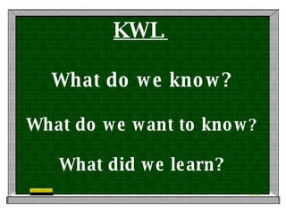 KWL  What do we know ? What do we want to know ? What did we learn ? 