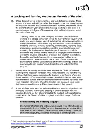 Teaching and play in the early years – a balancing act?
July 2015, No. 150085 13
A teaching and learning continuum: the role of the adult
10. Ofsted does not have a preferred style or approach to teaching or play. Those
working in schools and settings, rather than inspectors, are best placed to make
the important decisions about how children learn. However, Ofsted does define
the elements of early years practice that make up teaching so that there is a
common ground and degree of transparency when making judgements about
the quality of teaching.11
„Teaching should not be taken to imply a „top down‟ or formal way of
working. It is a broad term which covers the many different ways in which
adults help young children learn. It includes their interactions with children
during planned and child-initiated play and activities: communicating and
modelling language, showing, explaining, demonstrating, exploring ideas,
encouraging, questioning, recalling, providing a narrative for what they
are doing, facilitating and setting challenges. It takes account of the
equipment they provide and the attention to the physical environment as
well as the structure and routines of the day that establish expectations.
Integral to teaching is how practitioners assess what children know,
understand and can do as well as take account of their interests and
dispositions to learning (characteristics of effective learning), and use this
information to plan children‟s next steps in learning and monitor their
progress.‟
11. Virtually all of the settings we visited were aware of the Ofsted definition of
teaching in the inspection handbook. They were pleased to see, from the very
first line, that there was no expectation for teaching to conform to a „one-size-
fits-all‟ mentality. Of those who had not seen the definition before, most were
from maintained schools and were therefore unfamiliar with the registered early
years inspection framework. When the definition was shared, all were happy
that it encompassed the many different ways in which they worked.
12. Across all of our visits, we observed many skilled and experienced professionals
promoting successful learning and enabling all children to reach their full
potential. In doing so, they all demonstrated the facets of early years teaching
explicit within the Ofsted definition, bringing them to life in range of different
contexts.
Communicating and modelling language
In a number of schools and settings, we observed every interaction as an
opportunity to develop children‟s speech, language and vocabulary. At a
basic level, adults in one school ensured that, when speaking one-to-one
or in small groups, they positioned themselves at child height and
11
Early years inspection handbook, Ofsted, June 2015; www.gov.uk/government/publications/early-
years-inspection-handbook-from-september-2015.
 