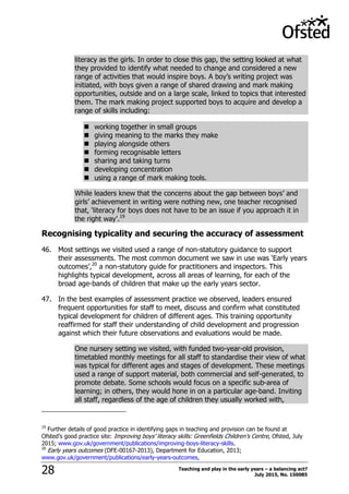 Teaching and play in the early years – a balancing act?
July 2015, No. 15008528
literacy as the girls. In order to close this gap, the setting looked at what
they provided to identify what needed to change and considered a new
range of activities that would inspire boys. A boy‟s writing project was
initiated, with boys given a range of shared drawing and mark making
opportunities, outside and on a large scale, linked to topics that interested
them. The mark making project supported boys to acquire and develop a
range of skills including:
 working together in small groups
 giving meaning to the marks they make
 playing alongside others
 forming recognisable letters
 sharing and taking turns
 developing concentration
 using a range of mark making tools.
While leaders knew that the concerns about the gap between boys‟ and
girls‟ achievement in writing were nothing new, one teacher recognised
that, „literacy for boys does not have to be an issue if you approach it in
the right way‟.19
Recognising typicality and securing the accuracy of assessment
46. Most settings we visited used a range of non-statutory guidance to support
their assessments. The most common document we saw in use was „Early years
outcomes‟,20
a non-statutory guide for practitioners and inspectors. This
highlights typical development, across all areas of learning, for each of the
broad age-bands of children that make up the early years sector.
47. In the best examples of assessment practice we observed, leaders ensured
frequent opportunities for staff to meet, discuss and confirm what constituted
typical development for children of different ages. This training opportunity
reaffirmed for staff their understanding of child development and progression
against which their future observations and evaluations would be made.
One nursery setting we visited, with funded two-year-old provision,
timetabled monthly meetings for all staff to standardise their view of what
was typical for different ages and stages of development. These meetings
used a range of support material, both commercial and self-generated, to
promote debate. Some schools would focus on a specific sub-area of
learning; in others, they would hone in on a particular age-band. Inviting
all staff, regardless of the age of children they usually worked with,
19
Further details of good practice in identifying gaps in teaching and provision can be found at
Ofsted‟s good practice site: Improving boys‟ literacy skills: Greenfields Children‟s Centre, Ofsted, July
2015; www.gov.uk/government/publications/improving-boys-literacy-skills.
20
Early years outcomes (DFE-00167-2013), Department for Education, 2013;
www.gov.uk/government/publications/early-years-outcomes,
 