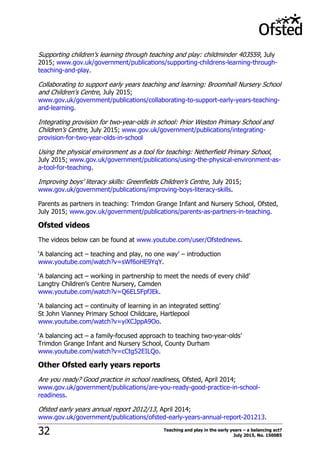 Teaching and play in the early years – a balancing act?
July 2015, No. 15008532
Supporting children‟s learning through teaching and play: childminder 403559, July
2015; www.gov.uk/government/publications/supporting-childrens-learning-through-
teaching-and-play.
Collaborating to support early years teaching and learning: Broomhall Nursery School
and Children‟s Centre, July 2015;
www.gov.uk/government/publications/collaborating-to-support-early-years-teaching-
and-learning.
Integrating provision for two-year-olds in school: Prior Weston Primary School and
Children‟s Centre, July 2015; www.gov.uk/government/publications/integrating-
provision-for-two-year-olds-in-school
Using the physical environment as a tool for teaching: Netherfield Primary School,
July 2015; www.gov.uk/government/publications/using-the-physical-environment-as-
a-tool-for-teaching.
Improving boys‟ literacy skills: Greenfields Children‟s Centre, July 2015;
www.gov.uk/government/publications/improving-boys-literacy-skills.
Parents as partners in teaching: Trimdon Grange Infant and Nursery School, Ofsted,
July 2015; www.gov.uk/government/publications/parents-as-partners-in-teaching.
Ofsted videos
The videos below can be found at www.youtube.com/user/Ofstednews.
„A balancing act – teaching and play, no one way‟ – introduction
www.youtube.com/watch?v=sWf6oHE9YqY.
„A balancing act – working in partnership to meet the needs of every child‟
Langtry Children‟s Centre Nursery, Camden
www.youtube.com/watch?v=Q6EL5FpfJEk.
„A balancing act – continuity of learning in an integrated setting‟
St John Vianney Primary School Childcare, Hartlepool
www.youtube.com/watch?v=yiXCJppA9Oo.
„A balancing act – a family-focused approach to teaching two-year-olds‟
Trimdon Grange Infant and Nursery School, County Durham
www.youtube.com/watch?v=cCtg52EILQo.
Other Ofsted early years reports
Are you ready? Good practice in school readiness, Ofsted, April 2014;
www.gov.uk/government/publications/are-you-ready-good-practice-in-school-
readiness.
Ofsted early years annual report 2012/13, April 2014;
www.gov.uk/government/publications/ofsted-early-years-annual-report-201213.
 