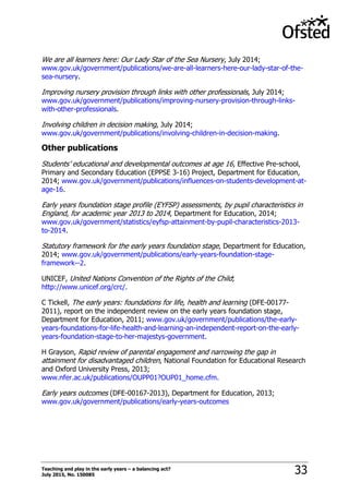 Teaching and play in the early years – a balancing act?
July 2015, No. 150085 33
We are all learners here: Our Lady Star of the Sea Nursery, July 2014;
www.gov.uk/government/publications/we-are-all-learners-here-our-lady-star-of-the-
sea-nursery.
Improving nursery provision through links with other professionals, July 2014;
www.gov.uk/government/publications/improving-nursery-provision-through-links-
with-other-professionals.
Involving children in decision making, July 2014;
www.gov.uk/government/publications/involving-children-in-decision-making.
Other publications
Students‟ educational and developmental outcomes at age 16, Effective Pre-school,
Primary and Secondary Education (EPPSE 3-16) Project, Department for Education,
2014; www.gov.uk/government/publications/influences-on-students-development-at-
age-16.
Early years foundation stage profile (EYFSP) assessments, by pupil characteristics in
England, for academic year 2013 to 2014, Department for Education, 2014;
www.gov.uk/government/statistics/eyfsp-attainment-by-pupil-characteristics-2013-
to-2014.
Statutory framework for the early years foundation stage, Department for Education,
2014; www.gov.uk/government/publications/early-years-foundation-stage-
framework--2.
UNICEF, United Nations Convention of the Rights of the Child;
http://www.unicef.org/crc/.
C Tickell, The early years: foundations for life, health and learning (DFE-00177-
2011), report on the independent review on the early years foundation stage,
Department for Education, 2011; www.gov.uk/government/publications/the-early-
years-foundations-for-life-health-and-learning-an-independent-report-on-the-early-
years-foundation-stage-to-her-majestys-government.
H Grayson, Rapid review of parental engagement and narrowing the gap in
attainment for disadvantaged children, National Foundation for Educational Research
and Oxford University Press, 2013;
www.nfer.ac.uk/publications/OUPP01?OUP01_home.cfm.
Early years outcomes (DFE-00167-2013), Department for Education, 2013;
www.gov.uk/government/publications/early-years-outcomes
 