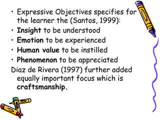 • Expressive Objectives specifies for
the learner the (Santos, 1999):
• Insight to be understood
• Emotion to be experienced
• Human value to be instilled
• Phenomenon to be appreciated
Diaz de Rivera (1997) further added
equally important focus which is
craftsmanship.
 
