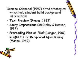 Ocampo-Cristobal (1997) cited strategies
which help student build background
information:
• Text Preview (Graves, 1983)
• Story Impressions (McGinley & Denver,
1987)
• Prereading Plan or PReP (Langer, 1981)
• REQUEST or Reciprocal Questioning
(Manzo, 1969)
 