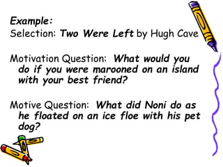 Example:
Selection: Two Were Left by Hugh Cave
Motivation Question: What would you
do if you were marooned on an island
with your best friend?
Motive Question: What did Noni do as
he floated on an ice floe with his pet
dog?
 