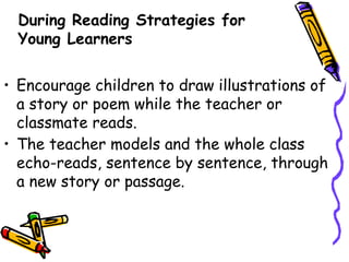 During Reading Strategies for
Young Learners
• Encourage children to draw illustrations of
a story or poem while the teacher or
classmate reads.
• The teacher models and the whole class
echo-reads, sentence by sentence, through
a new story or passage.
 