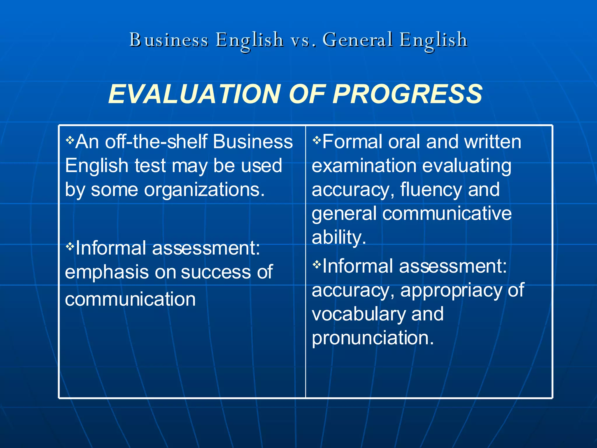 Business English vs. General English EVALUATION OF PROGRESS   Formal oral and written examination evaluating accuracy, fluency and general communicative ability. Informal assessment: accuracy, appropriacy of vocabulary and pronunciation.  An off-the-shelf Business English test may be used by some organizations. Informal assessment: emphasis on success of communication   