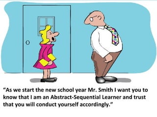 “As we start the new school year Mr. Smith I want you to
know that I am an Abstract-Sequential Learner and trust
that you will conduct yourself accordingly.”
 