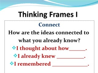 Connect
How are the ideas connected to
   what you already know?
 I thought about how______.
 I already knew __________.
I remembered _____________.
 