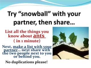 List all the things you
  know about ants
      ( in 1 minute)
Next, make a list with your
 partner… next share with
the two people next to you
      or behind you.
  No duplications please!
 